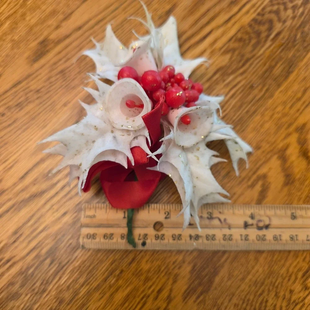Vintage Christmas Holly Plastic Flocked White Gold Glitter Red Berries MCM Retro
